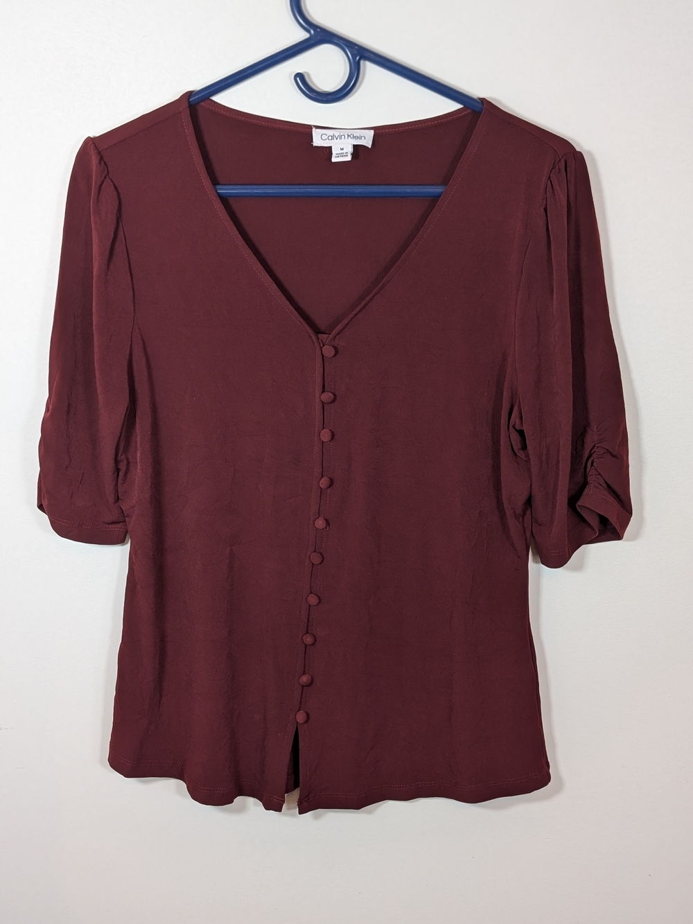 Calvin Klein Burgundy Button-Front V-Neck Blouse